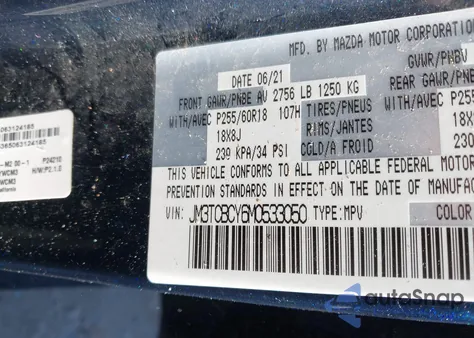 2021 Mazda Cx-9 Touring from USA, damaged, VIN JM3TCBCY6M0533050